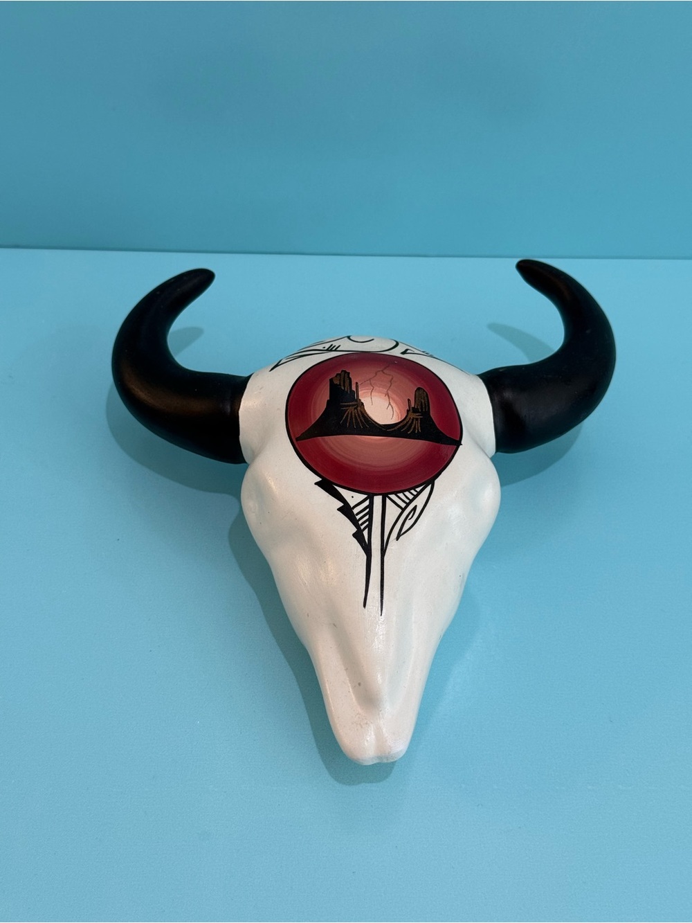 Native American Southwestern Bull Skull w/Horns Signed Pottery
